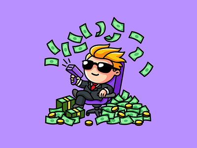 Rich Character with Money Gun bill billionaire bitcoin cash character design cool crypto cute mascot dollar gaming illustration mascot logo millionaire money money gun rich streamer twitchcon wealthy