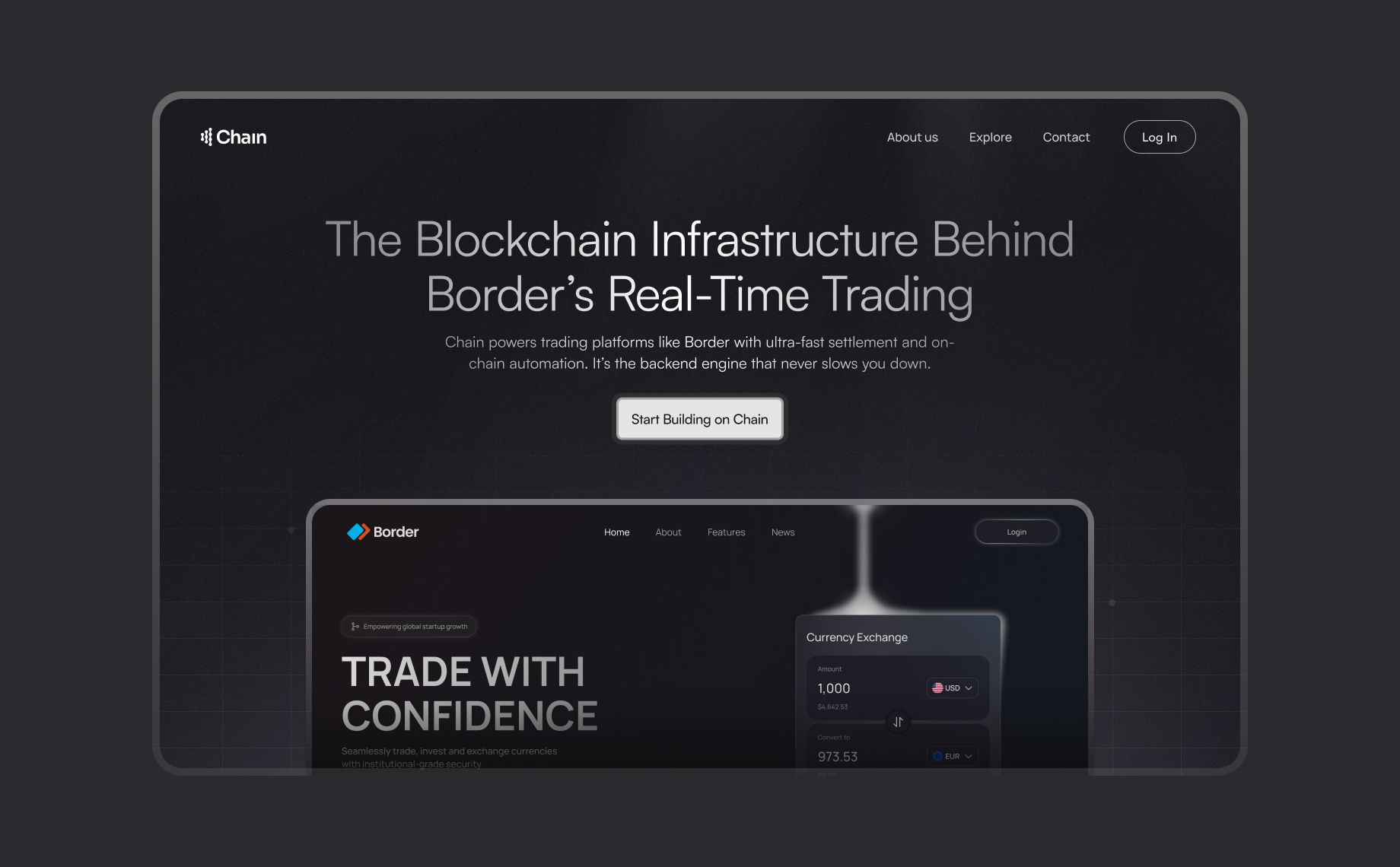 Chain x Border — Lightning-Fast Blockchain Backbone blockchain chain crypto dark fintech hero inspiration inspiring minimal minimalistic modern ui website