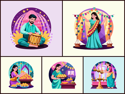 Diwali Illustration Art Set decor fireworks heritage sweets