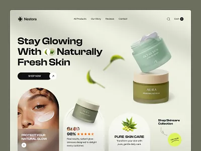 Nestora - Skincare eCommerce website | Header exploration beauty e commerce best uiux agency cosmetic brand website ecommerce hero section minimalist skincare ui seative skincare skincare shop hero section skincare website top design agency uiux
