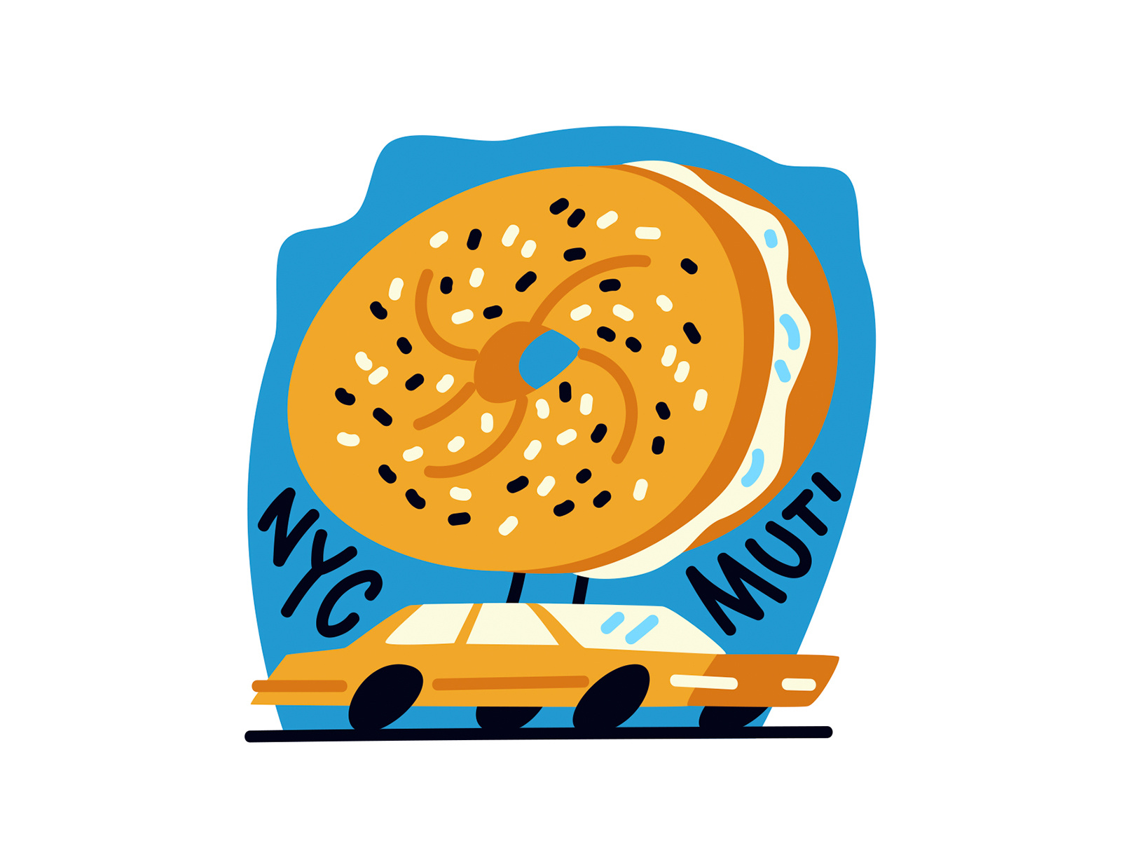 Just a little something to take the edge off animation bagel blue cab car creamcheese gif illustration motion motiongraphics muti newyorkcity nyc schmeer seeds wheels yellow