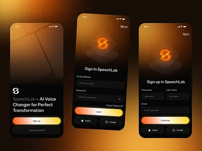 Login Signup Page – AI Voice Changer App clean create account dark mode design forgot password form login login form login screen login signup page mobile app onboarding registration sign in sign up sign up page signup