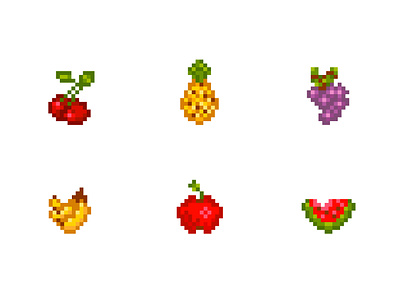 pixel fruits icons 16bit 32bit 8bit 90s apple art aseprite banana cherry design fruit game design grape icon illustration indi game pineapple pixel vector watermelon