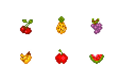 pixel fruits icons 16bit 32bit 8bit 90s apple art aseprite banana cherry design fruit game design grape icon illustration indi game pineapple pixel vector watermelon