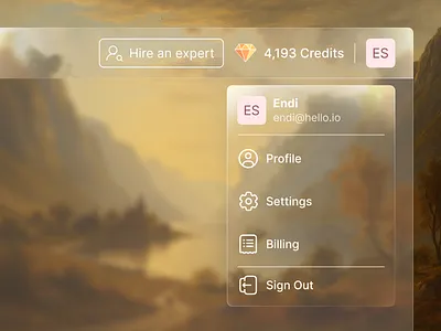 Glassmorphism UI – Profile Dropdown with Credits & Actions cleanui creditssystem dashboardui dropdownui figmadesign glassmorphism minimalui moderndesign productdesign profilemenu uidesign uiux webapp