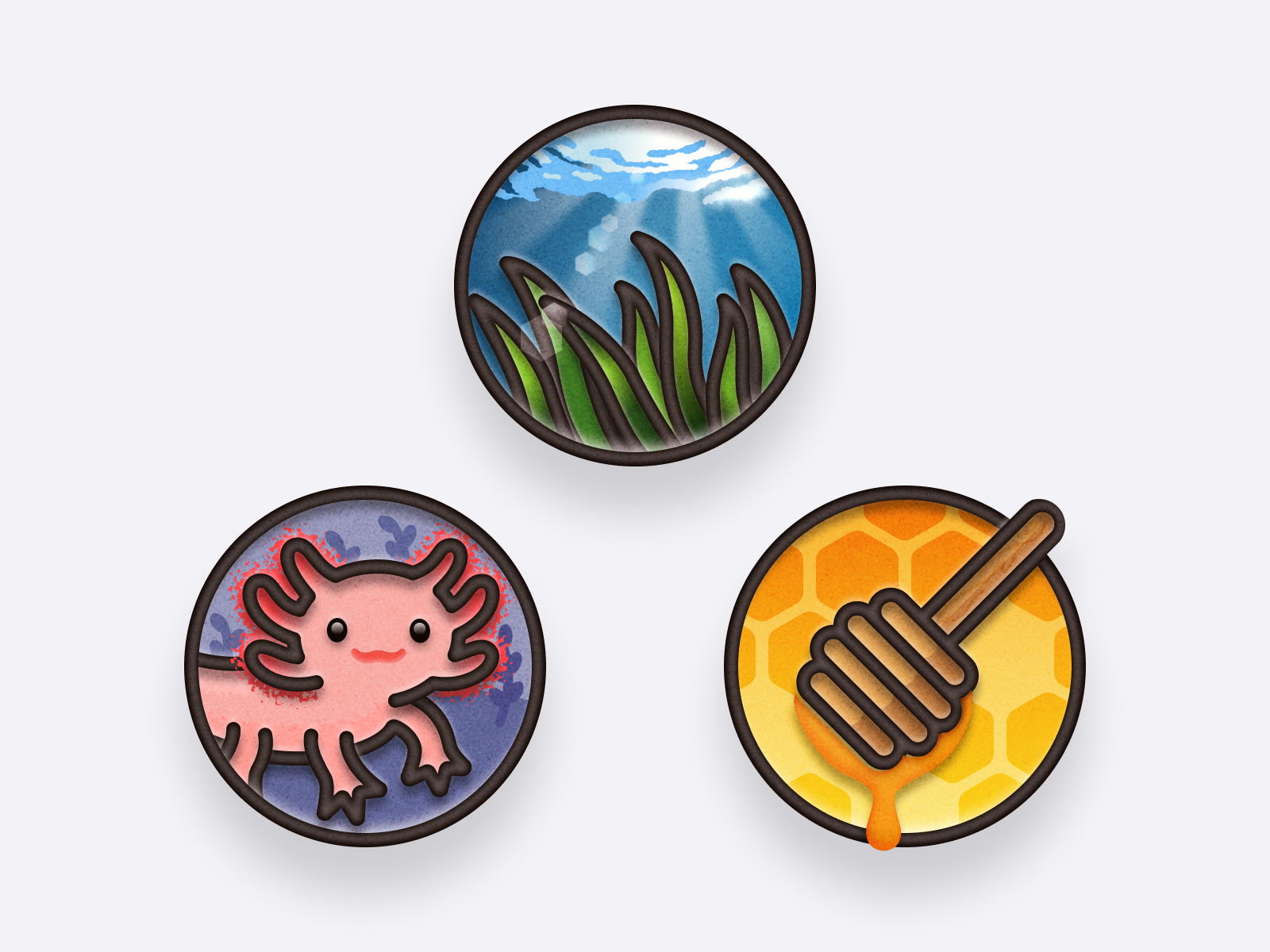 Badges 🍯🦎🌿 axolotl badge comb creatures cute graphic design growpal honey dipper illustration light mexican walking fish nature pin refraction sea grass sticker sunshine texture water surface