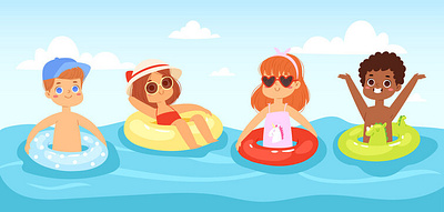 Multinational children have fun and jumping in the water. app branding design graphic design illustration logo typography ui ux vector