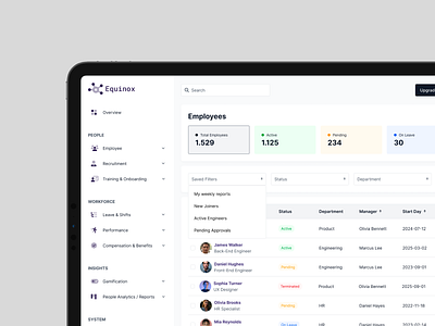 Filtering - Saved Filters (Modern HR Dashboard) clean ui custom reports dashboard design data visualization design system employee management enterprise ux filtering hr tech minimal design product design productivity tools saas saas design saved filters smart filters ui design ux design web app design workflow optimization