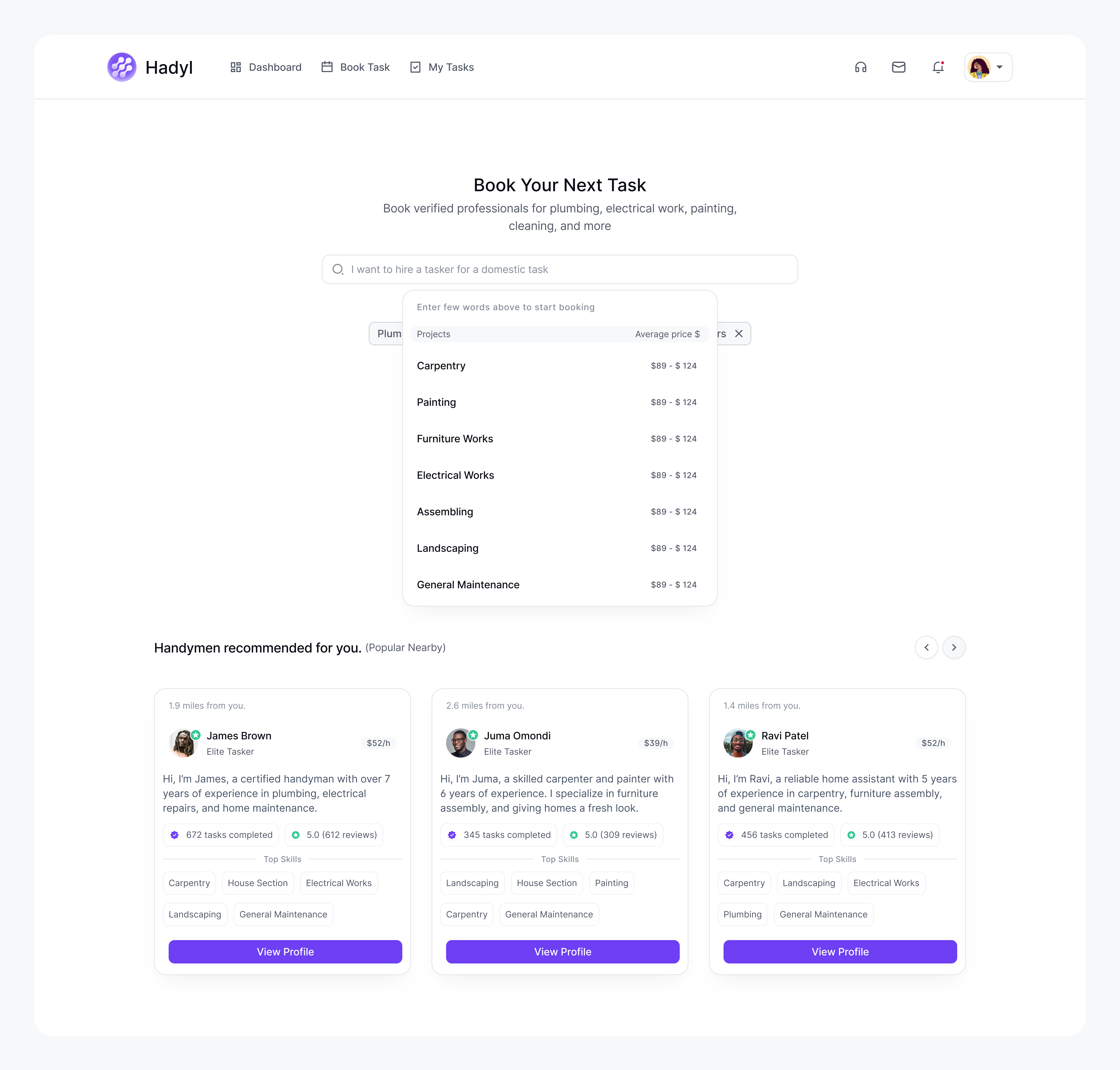 Handyman Search dashboard design dashboard ui errand app handyman marketplace handyman web app handyman website product design ux