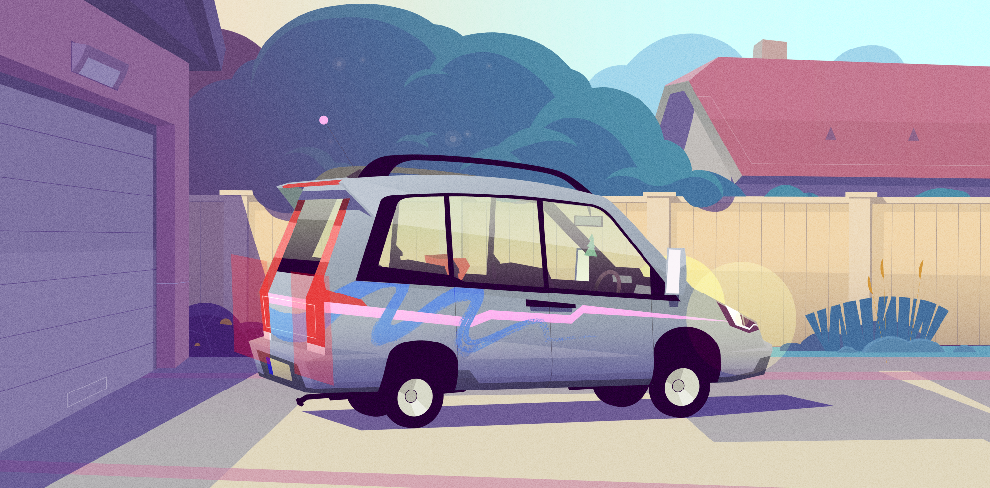 Garage 2d akarmi animation artwork car car decal cartoon cartoon car environment garage illustration illustrator landscape scene scenery sek sekond van vector vehicle