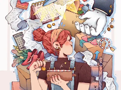 Holiday Spending Spiral illustration art bank cards character design coffee colorful contemporary art cozy design digital art finance girl hand illustration laptop money pastel colors