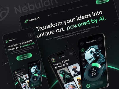 Landing Page - Futuristic AI Generator ai ai app ai image generator app design app mobile art generator artificial intelligence creative cyberpunk image generator inspiration ios landing page text to image ui design ux design