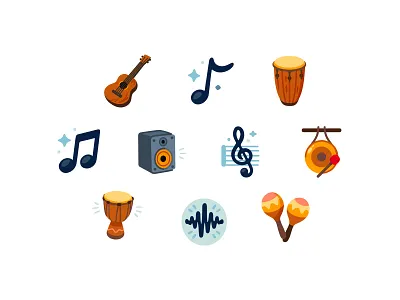 Mini music illustrations for a retail project conga drum flat gong guitar illustration illustrator maracas music music note set soundwave speaker treble clef vector