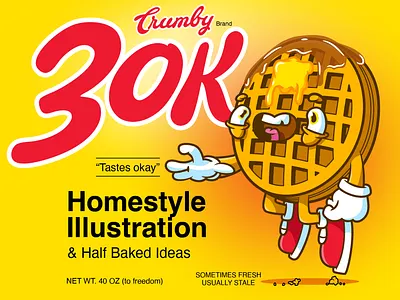 Crumby Creative 30K 30k bootleg box design breakfast creative crumby crumby creative eggo followers food homestlye illustration kelloggs package rip syrup vector art waffles
