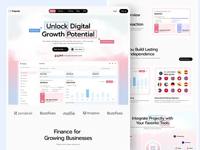 Projectly - Finance Landing Page Website b2b banking clean finance finance landing page finance website financial saas landing page fintech home page modern money payment platform saas startup transaction uiux wallet
