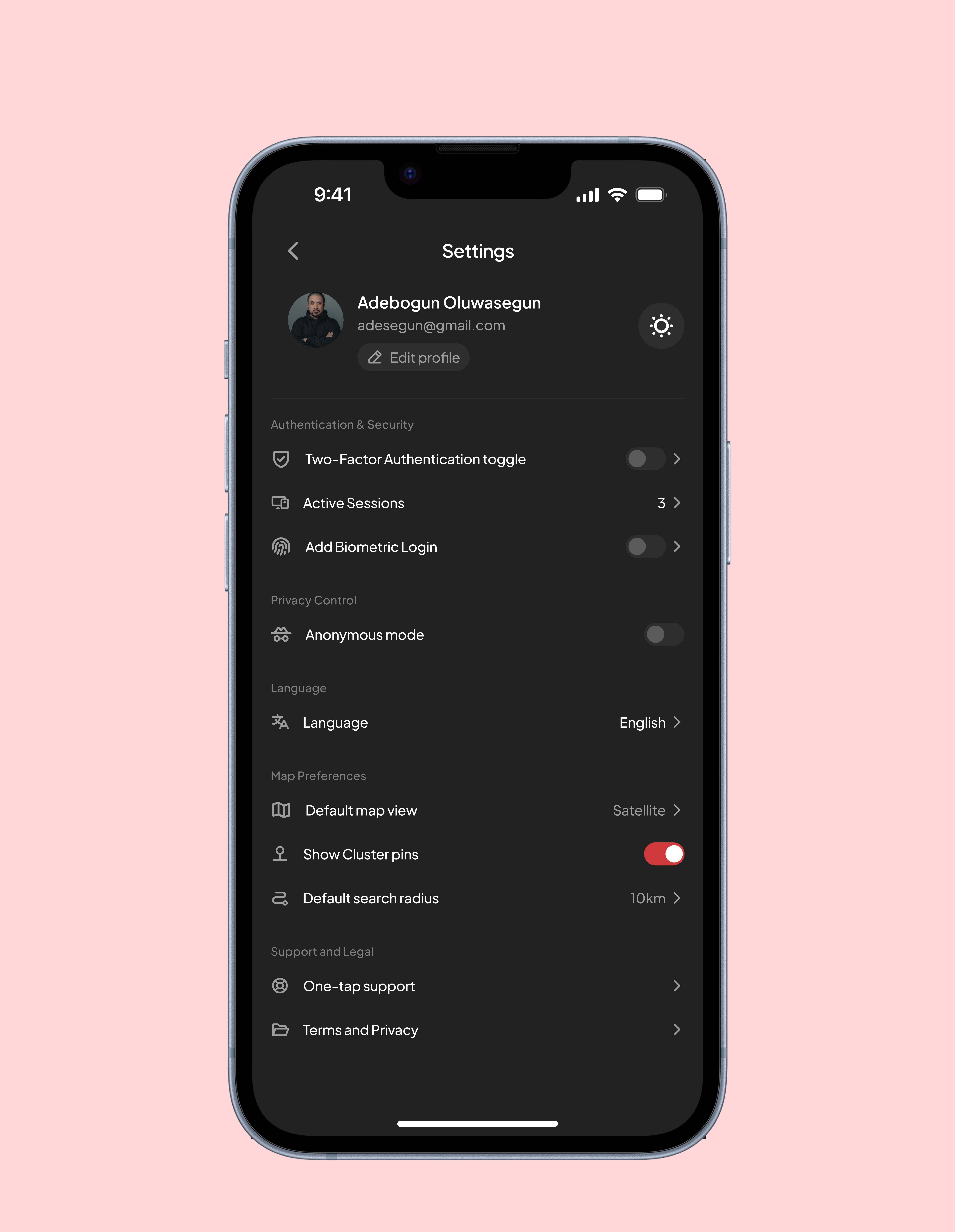 Food App (Setting Screen) aesthetic amala app black and white branding cool dark dark mode design font food graphic design illustration modern setting sleek ui ux