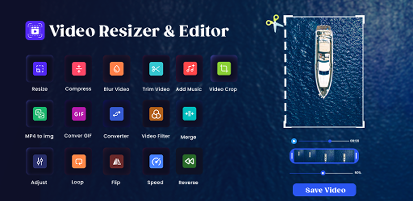 Video Resizer & Editor App feature graphic image app design app screenshots app store design feature graphic image figma graphic design photoshop play store promotional graphics screenshots ui