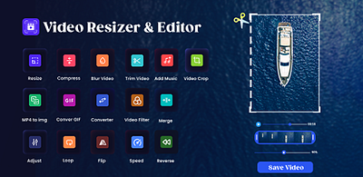 Video Resizer & Editor App feature graphic image app design app screenshots app store design feature graphic image figma graphic design photoshop play store promotional graphics screenshots ui