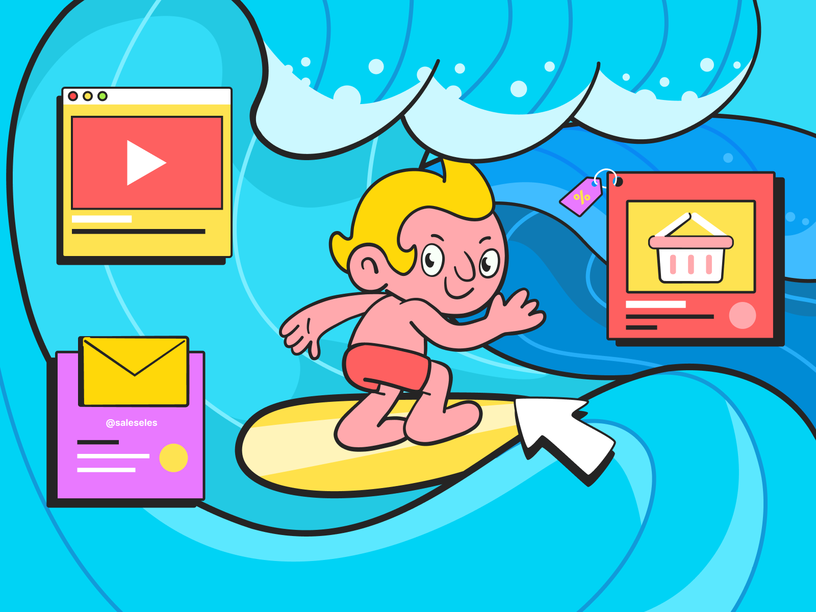 Surfing the Web character cute illustration surf wave web