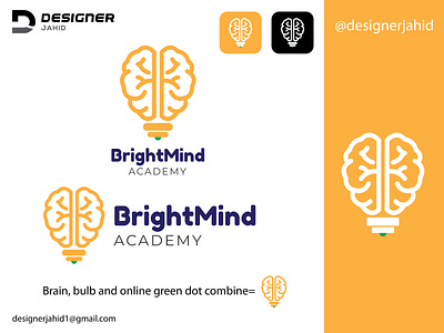 Brain And Bulb With Online Green Dot Combine Bright Mind Academy abstract logo branding bright mind academy logo combination mark logo creative logo designerjahid education logo graphic design logo modern logo new logo online coaching logo online education academy logo online education logo pictorial logo timeless logo unforgettable logo uniqe logo vector yellow logo