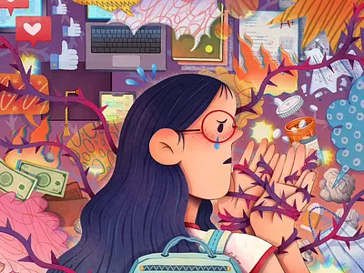 Tangled by Expectations illustration art character design colorful contemporary art cozy cry woman digital art emotion glass hair illustration like money