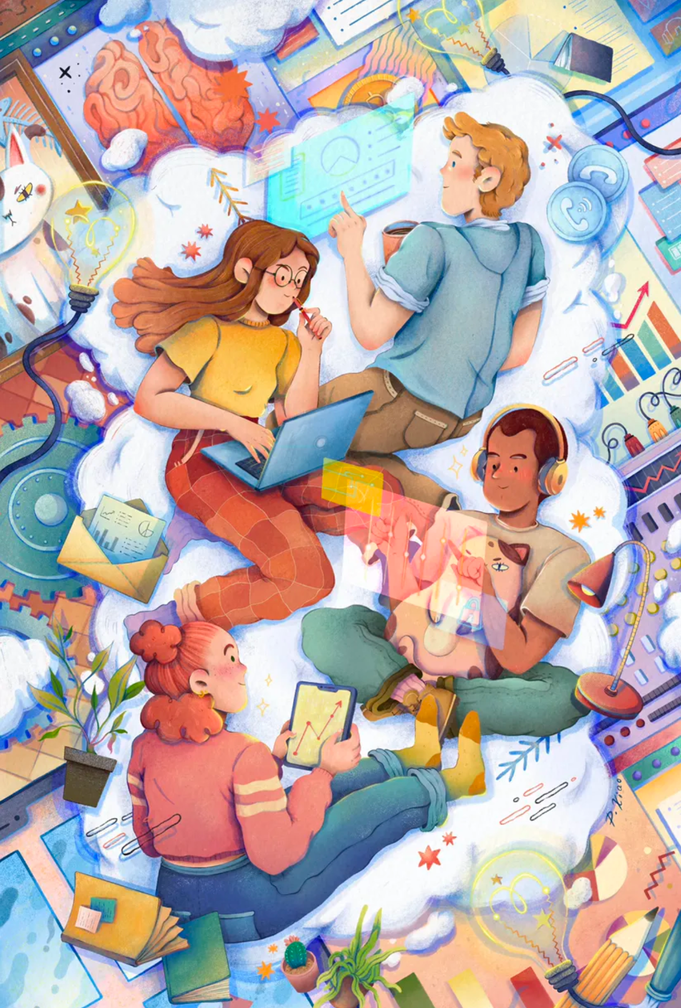 Clouds of Collaboration illustration analytics art character design coffee colorful contemporary art coworking cozy dashboard digital art illustration people
