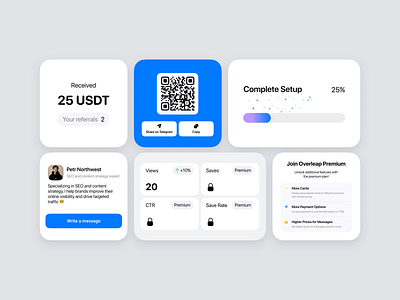 Overleap — Card UI Kit analytics app cards clean components dashboard design designsystem fintech ios minimal productdesign qr referrals share telegram ui ux wallet
