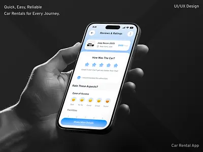 Car Rental Mobile App - Reviews & Ratings Screen android app app design car rental app clean ui design inspiration digital product feedback screen interaction design ios app mobile app design mobile ui mobile ui kit modern design product design rating system rental app reviews ratings ui ux design user experience user interface