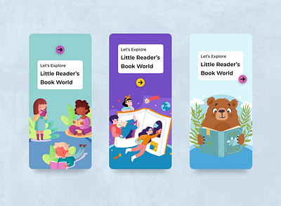 Kids book app - welcome screens book app books children colourful creative design educational graphic design illustration kids learning library read to kids reading reading app school uidesign user experience uxdesign webdesign