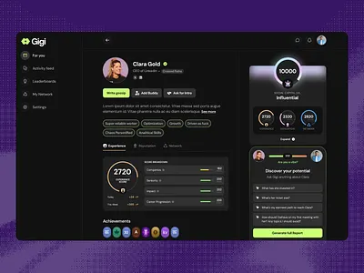 Gigi Profile app dashboard desktop profile score social network stats ui ux