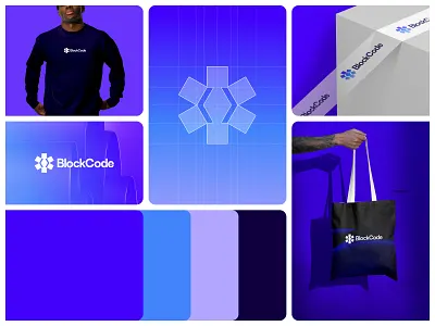 Blockchain Inspired Logo & Brand Identity – BlockCode abstract logo blockchain logo blue color branding brand guidelines branding coding logo crypto branding crypto logo design fintech identity futuristic logo geometric logo logo logo and identity modern logo design saas logo software branding startup branding tech brand identity technology logo web3 design