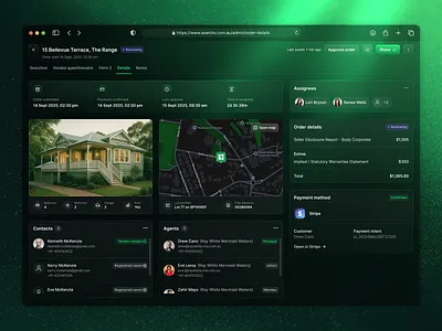 Order Details View UI/UX for Proptech Product ✦ SearchX dark mode details glass gradient green order property proptech rays real estate ui ux