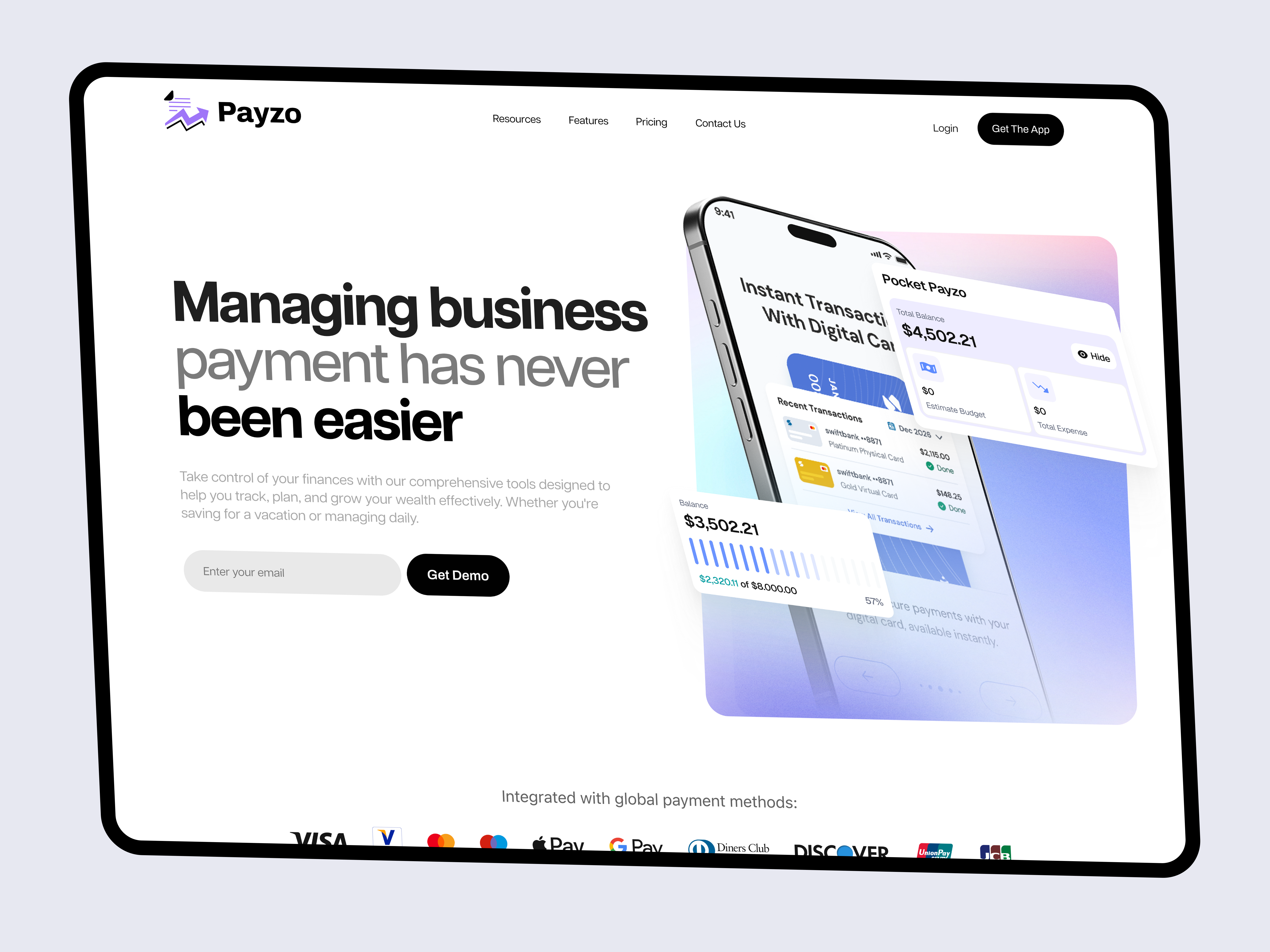 Payzo - Fintech Landing Page banking solution finance finance management fintech startup fintech ui fintech website homepage landing page payment getway saas website website design
