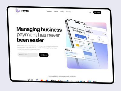 Payzo - Fintech Landing Page banking solution finance finance management fintech startup fintech ui fintech website homepage landing page payment getway saas website website design