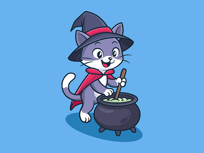 Cute witch cat with cauldron adobe illustrator branding cat cat cute cauldron cauldron kitty character design cute cat cute kitty design graphic design halloween cat halloween character halloween kitty illustration kitty logo vector witch witch cat