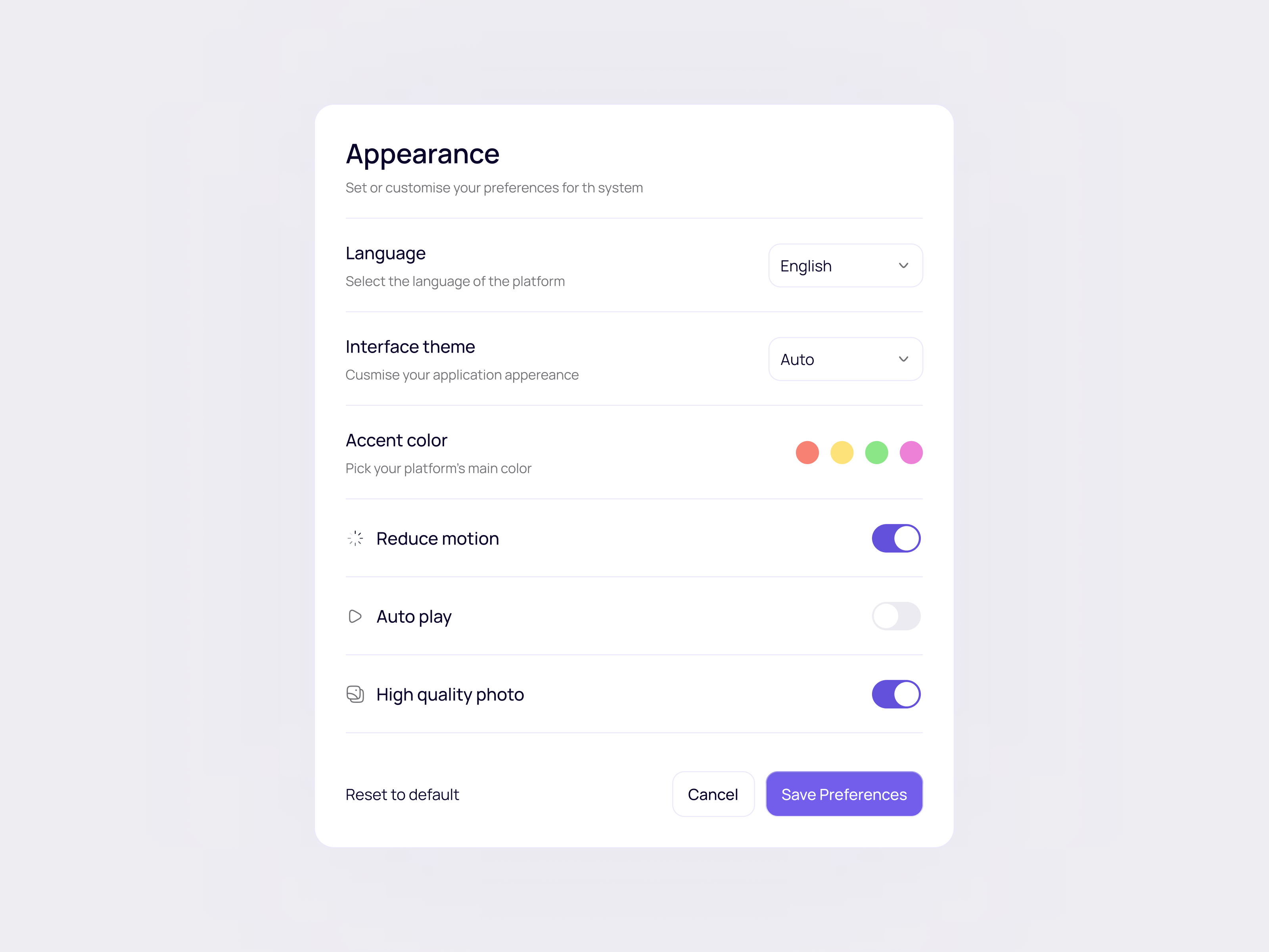 Appearance Settings admin dashboard appearance appearance settings card dashbaord erp erp system popup preferences product design settings page software features ui ui design user dashboard user experience user interface web design