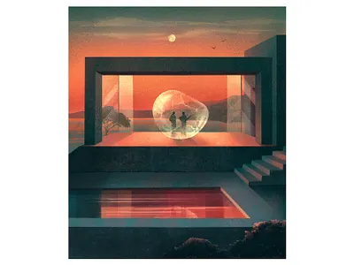 Editorial Illustration | Interior Design Magazine article bubble concept connection contemporary editorial futuristic graphic design green illustration interior landscape magazine red sunset texture