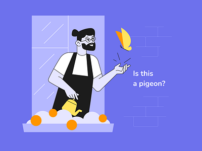 Is This a Pigeone? character design flat illustration indigo meme neon blue orange vector yellow