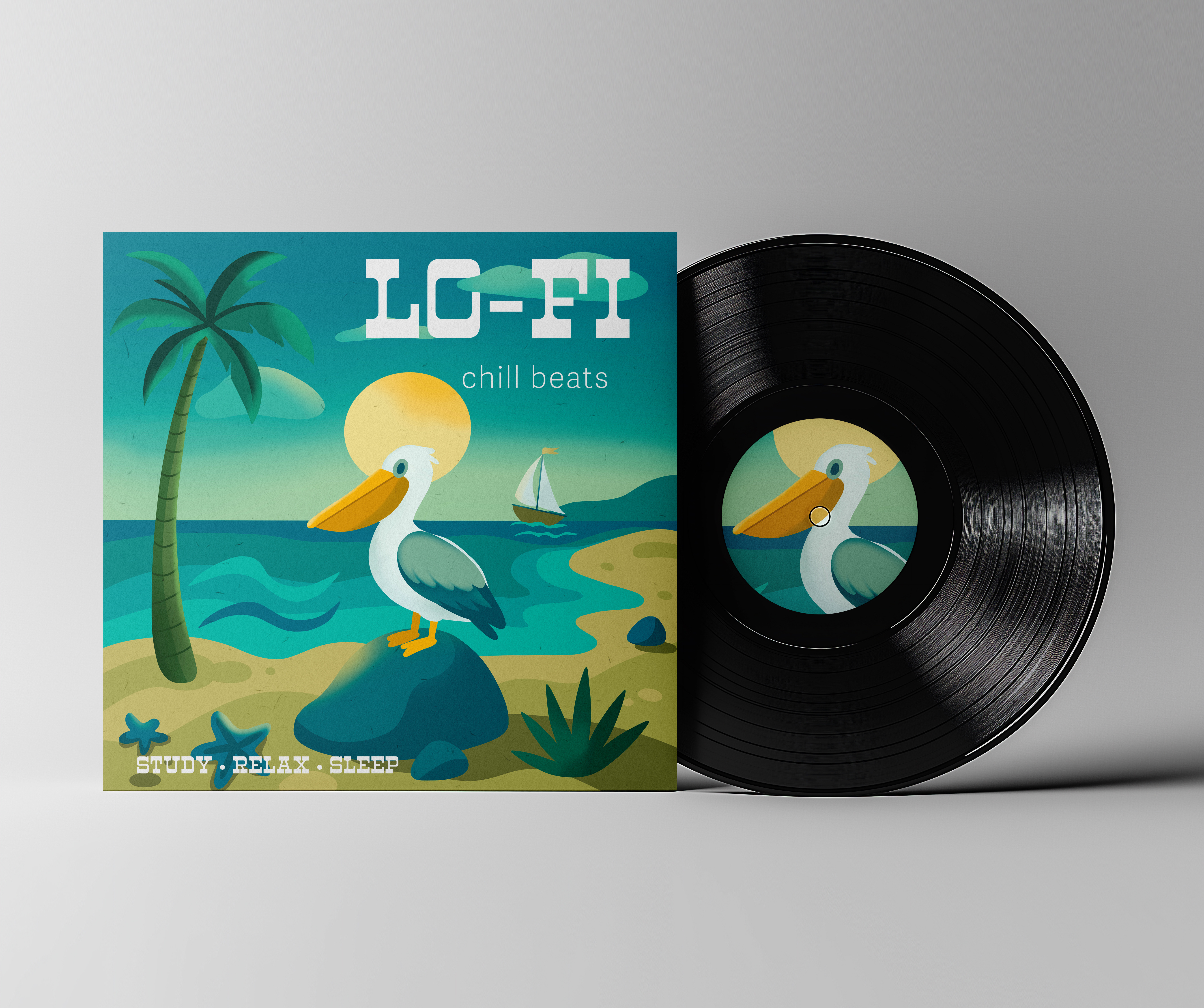 Lo-Fi Vinyl Album Cover album beach beats blue chill cover gradient illustration landscape lo fi music packaging packaging illustration pelican record record cover relax vinyl vinyl album vinyl cover