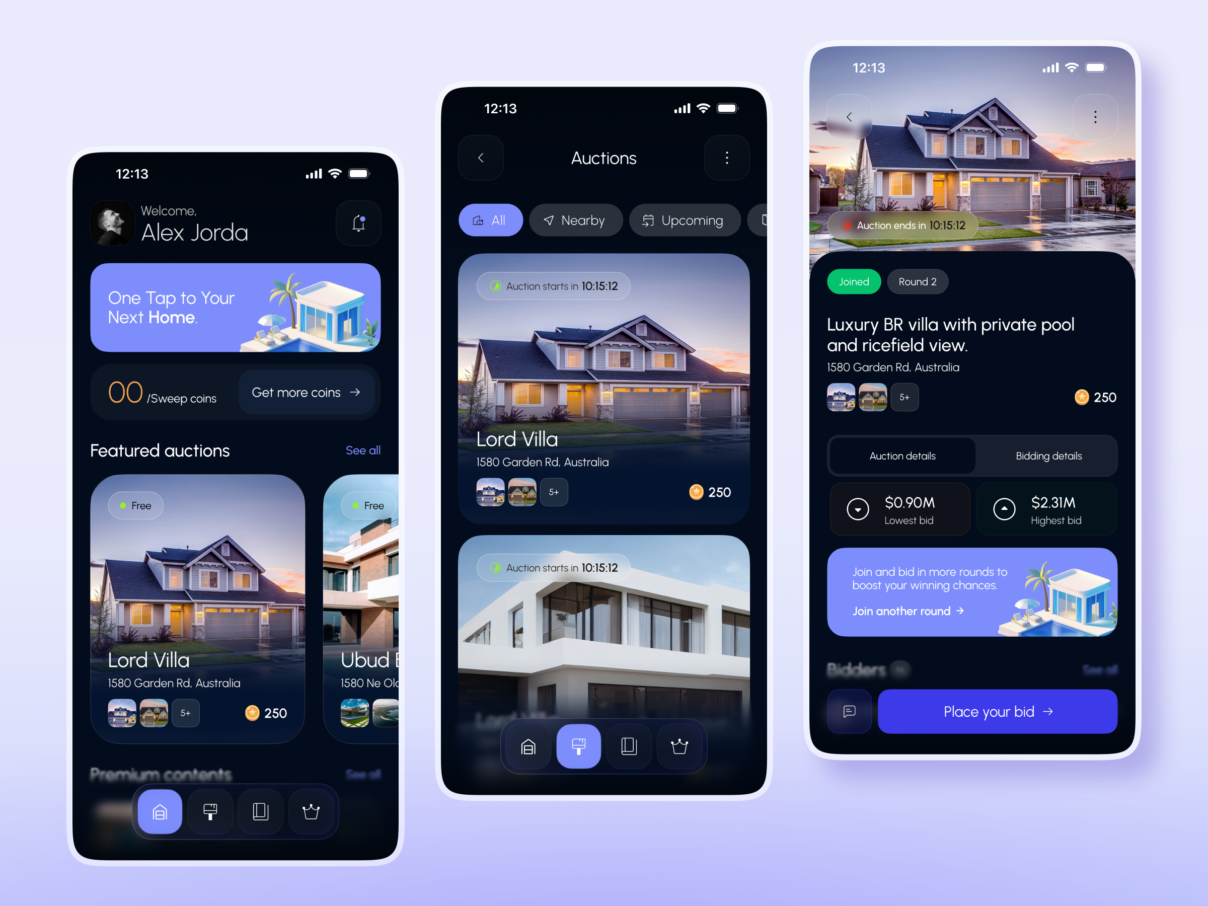 Gamified Real Estate Auction App airbnb app ui auction design home mobile app property real estate real estate app real estate auction app rent rental real estate residency ui ux
