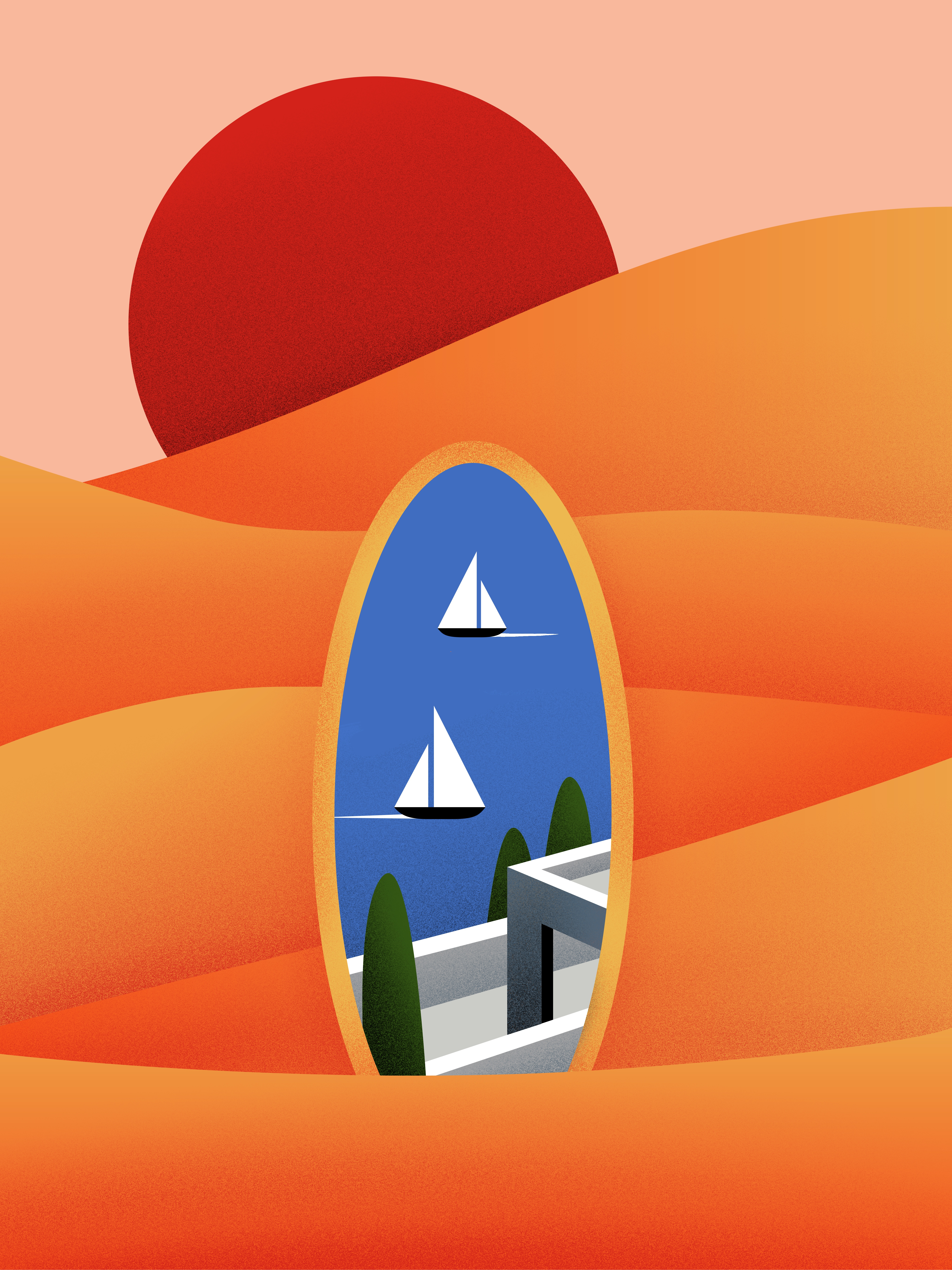 Desert Oasis Editorial Illustration art desert digital editorial illustration minimal mirage oasis poster print sail sand sea sun surreal