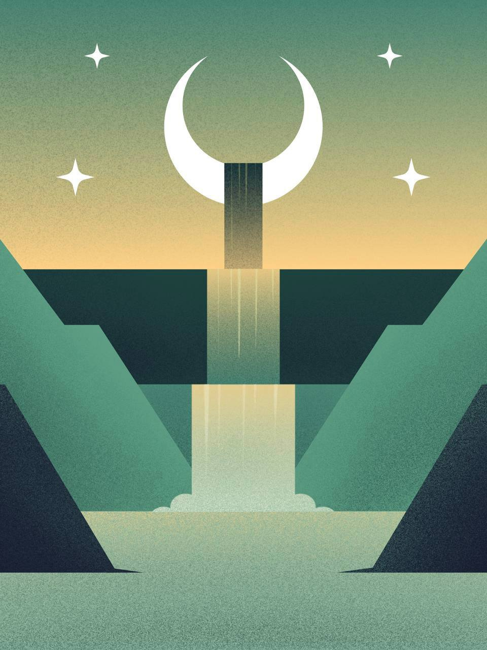Serenity Illustration art design editorial illustration magic minimal moon mystical night poster print stars surreal symbolic waterfall