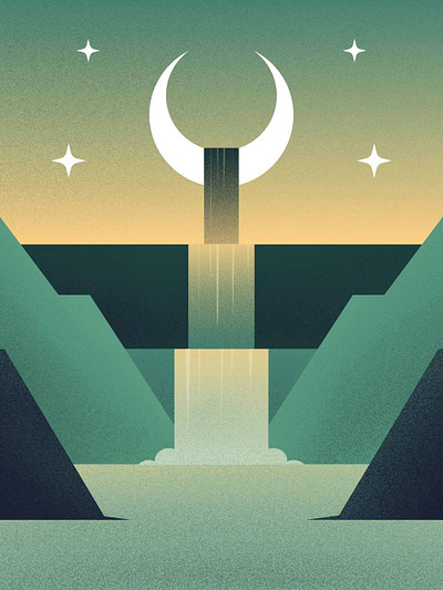 Serenity Illustration art design editorial illustration magic minimal moon mystical night poster print stars surreal symbolic waterfall