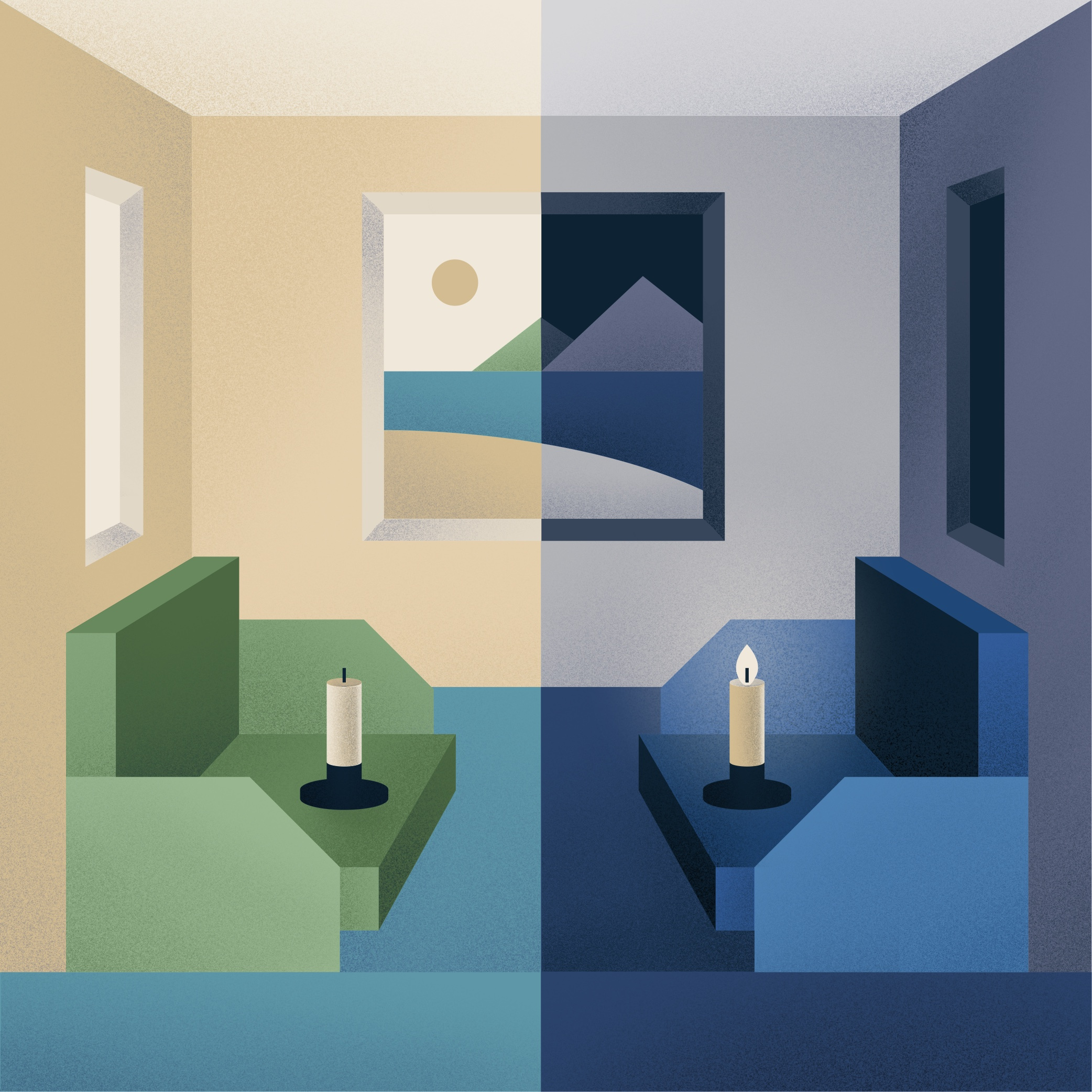 Out of Sync Editorial Illustration art candle design editorial illustration interior minimal poster print retro room surreal symbolic symmetrical train