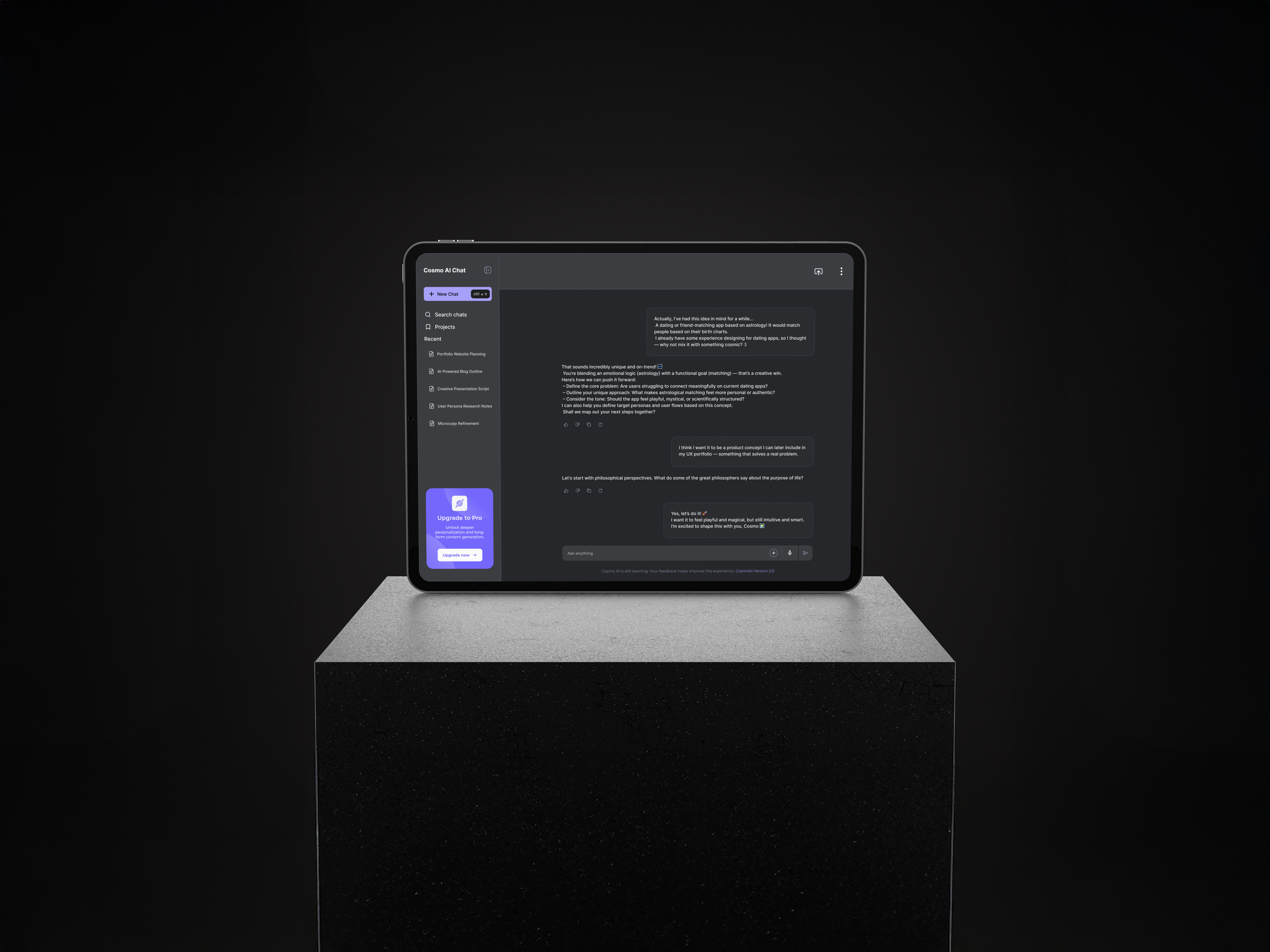 Cosmo AI — Chat Experience appdesign chatui conversation cosmoai creativeassistant darkmode designsystem dribbble figma interactiondesign mobileui modernui ui ux webapp
