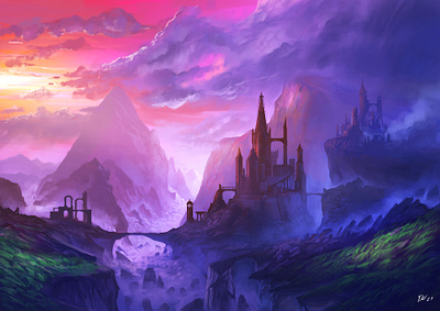 Sunset castle concept art cover art design digital painting environment fantasy illustration scenery sunset