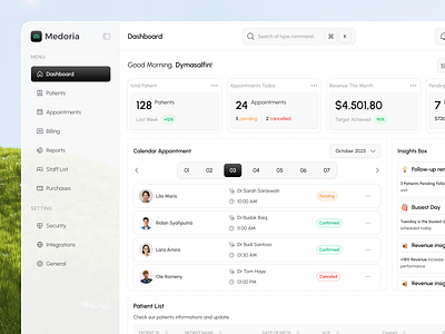 Medoria - Saas Clinic Dashboard admin panel b2b beauty clinic clean clinic clinic dashboard crm dashboard finance healthy hospital medical care medical health medicine overview real time update saas dashboard ui wellness