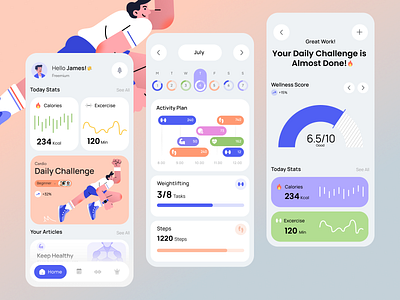 Fitness Tracker App Design cartoon chart clean design fitness flat graph graphic design illustration pastel sports stats typography ui ux workout