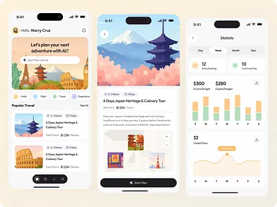 Mobile Travel App AI UI/UX ai aplication app app design assistant booking app illustration minimalist mobile mobile app mobile app design saas tour tourism travel travel agency travel app trip ui ux