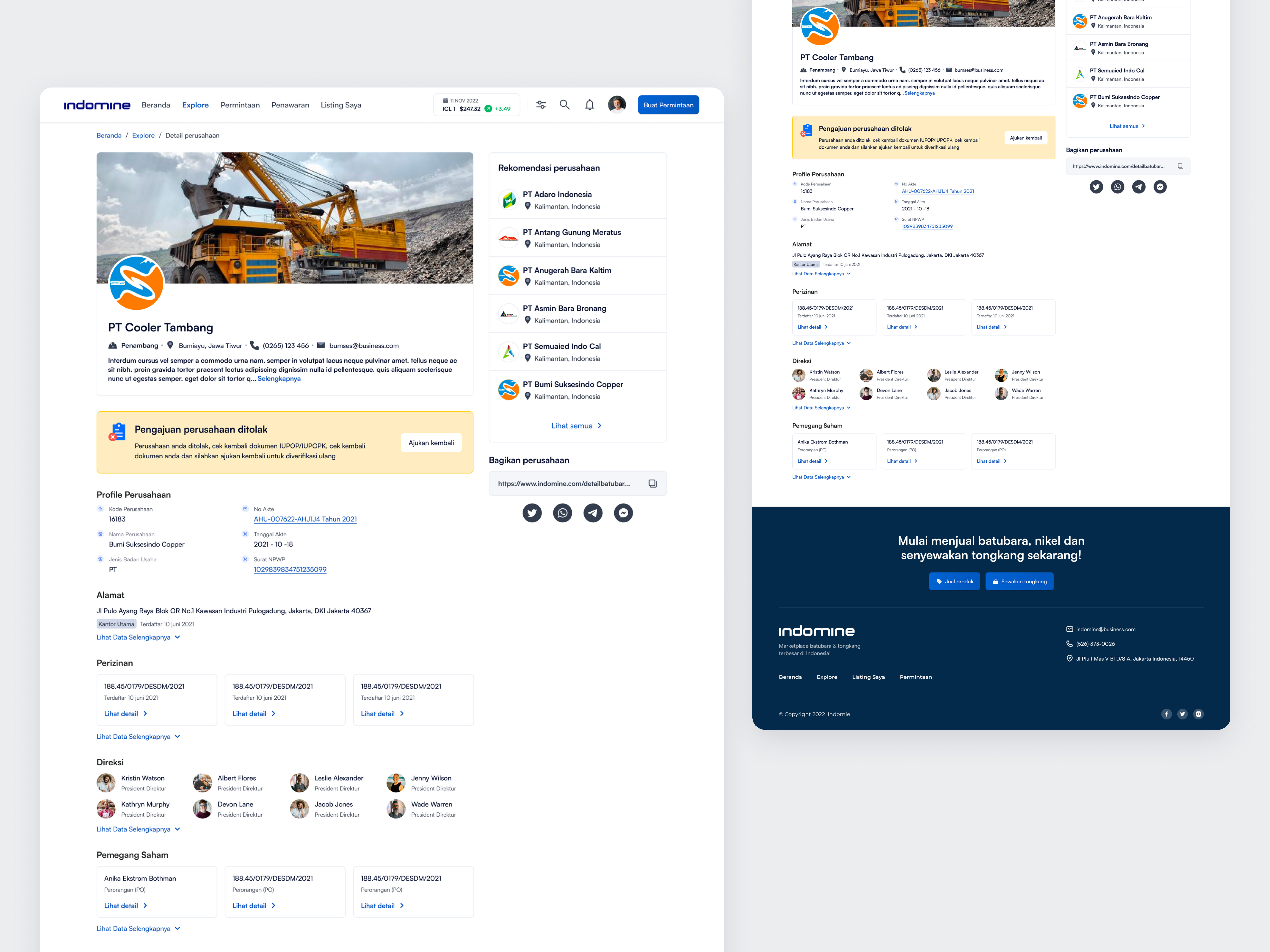 IndoMine – Company Detail Page for SaaS Mining Marketplace dashboard design detail page landing page listing management marketplace mining nickel online store product design renting barges saas saas design traders ui ux web app web design